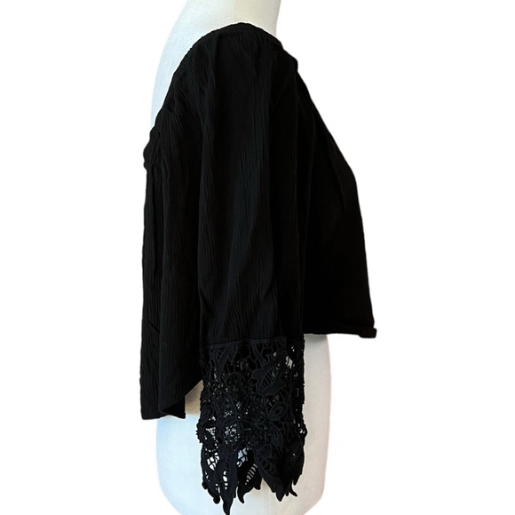 Ambiance Black Cropped Blouse Short Sleeves Lace Detailing On/Off the Shoulder - Picture 2 of 6